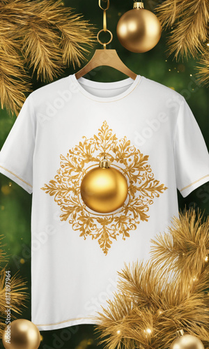 Golden Holiday Ornament Tee Shirt Design. 
Winter Theme T-Shirt Graphic with Golden Decor photo