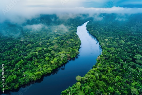 Aerial view of rainforest and river through it