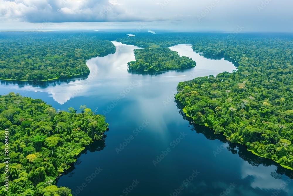 Aerial view of a rainforest and river through it Aerial view of a rainforest and river through it