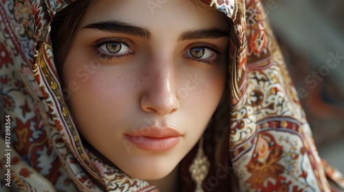 Beautiful Arabic Woman in Traditional Attire and Embroidered Headscarf