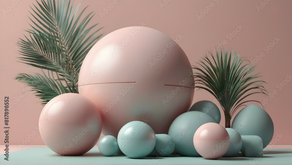 Fototapeta premium Modern Pastel 3D Composition with Spheres and Palm