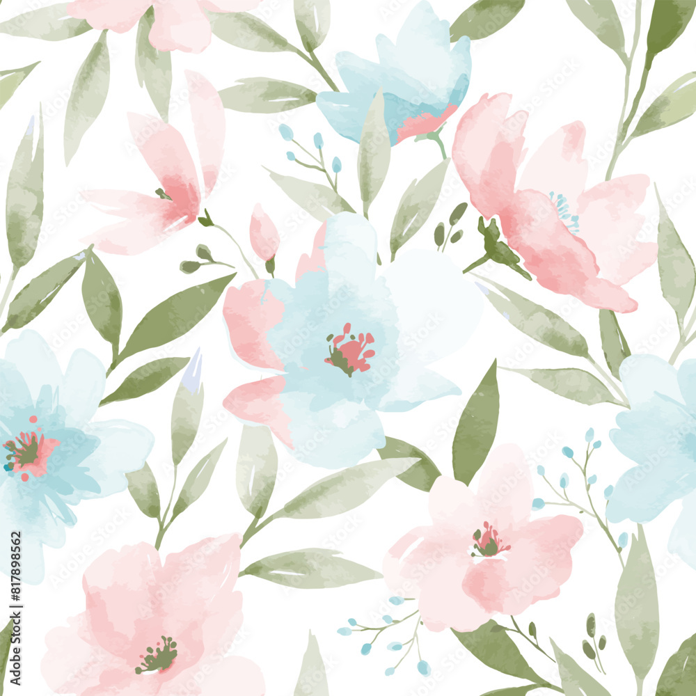 Beautiful vector seamless pattern with watercolor hand drawn abstract flowers. Stock print design surface pattern.