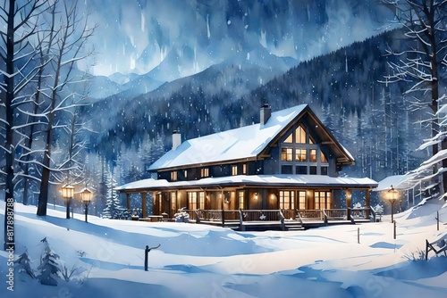 A watercolor painting of a cozy mountain lodge with snow falling gently
