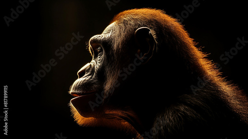 Stunning close-up portrait of a contemplative chimpanzee in its natural habitat, captured in the lush rainforests. This image highlights the expressive eyes and detailed features, showcasing photo