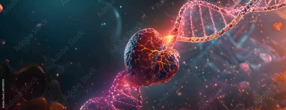 A 3D rendering of a heart-shaped structure made of glowing red and pink veins and arteries against a dark blue background. In front of the heart is a double-helix strand of glowing blue DNA. A 3D rendering of a heart-shaped structure made of glowing red and pink veins and arteries against a dark blue background. In front of the heart is a double-helix strand of glowing blue DNA.