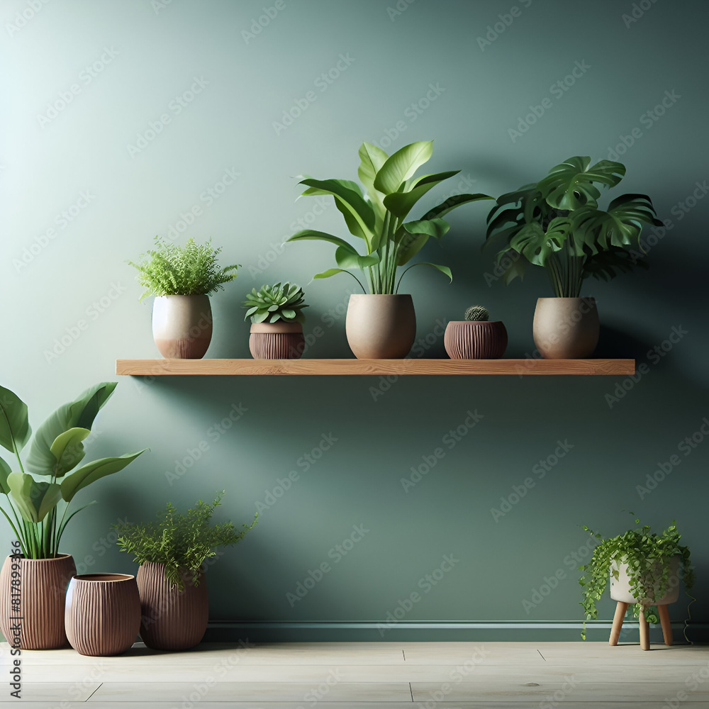 Of plants on a green wall with wooden floor