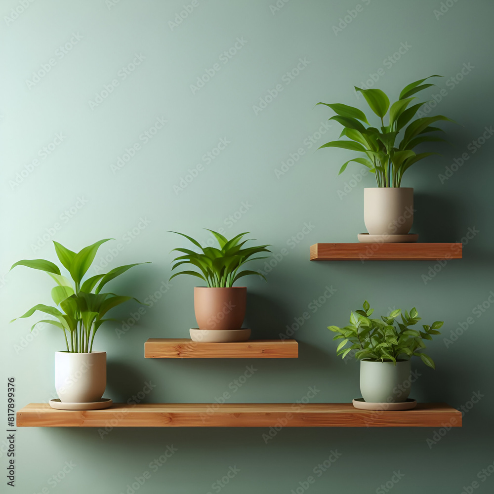 Of plants on a green wall with wooden floor Of plants on a green wall with wooden floor