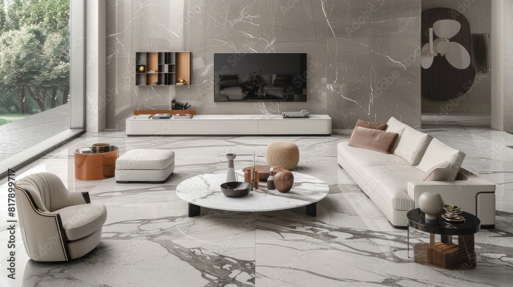 Fototapeta premium a modern living room with a white marble floor adorned with gold inlay, centered around a large circular coffee table, featuring a sleek modern sofa and armchair, with a TV mounted on the wall.