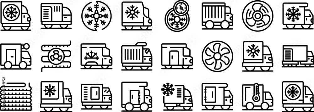 Car refrigerator vector icon. A series of black and white icons of trucks and vehicles with a fan on the right. The icons are arranged in a grid and include a truck with a fan on the right, a truck