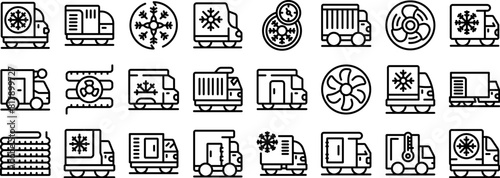 Car refrigerator vector icon. A series of black and white icons of trucks and vehicles with a fan on the right. The icons are arranged in a grid and include a truck with a fan on the right, a truck