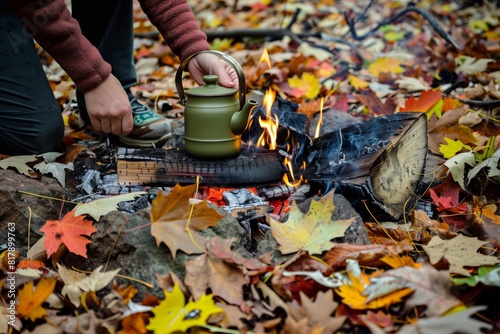 Hand placing a green kettle on a campfire surrounded by autumn leaves in the woods, creating a cozy outdoor scene.