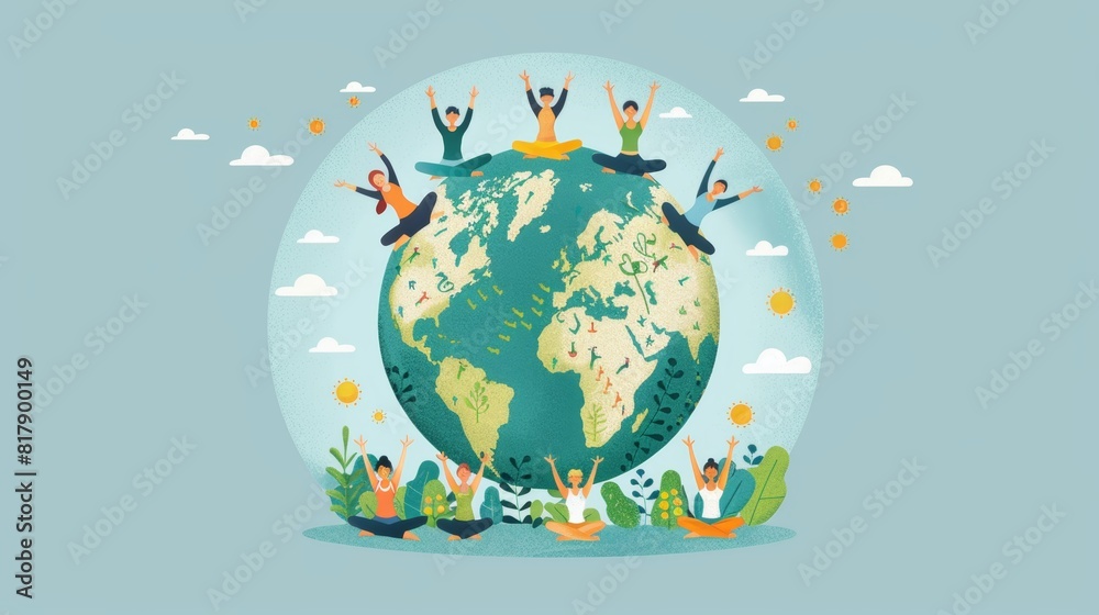 Joyful figures practicing yoga on a world map, symbolizing harmony and balance for International Yoga Day Joyful figures practicing yoga on a world map, symbolizing harmony and balance for International Yoga Day