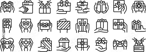 Hands holding gift box vector icon. A series of black and white images of people holding gifts. The images are arranged in a grid, with each row containing a different type of gift. The mood of the