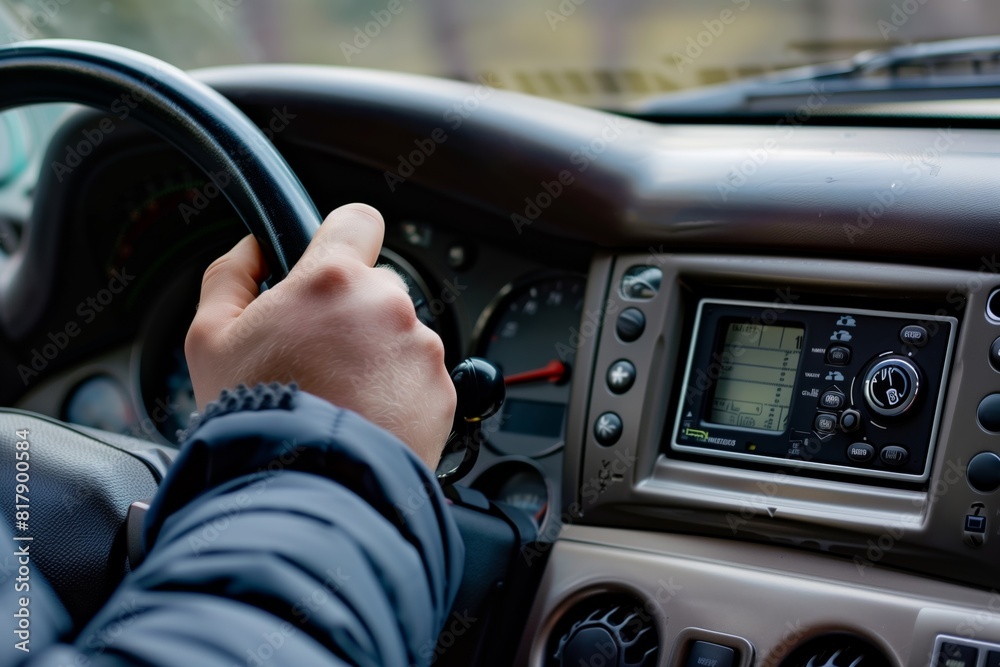 Close-up of a person driving a car, focusing on their hand gripping the steering wheel and the vehicle's dashboard with a GPS screen. Close-up of a person driving a car, focusing on their hand gripping the steering wheel and the vehicle's dashboard with a GPS screen.