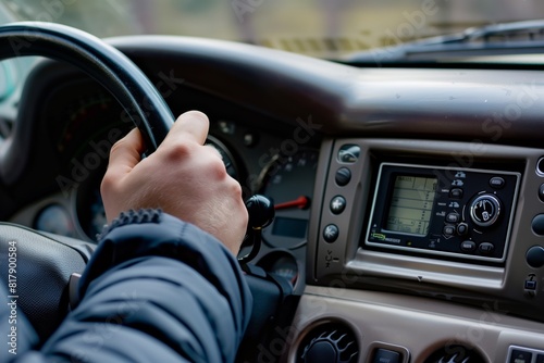 Close-up of a person driving a car, focusing on their hand gripping the steering wheel and the vehicle's dashboard with a GPS screen.