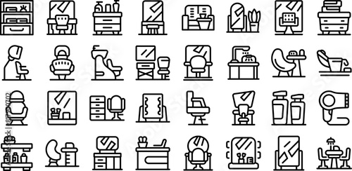 Beauty salon interior vector icon. A collection of icons for a salon, including a chair, a mirror, and a hairdryer