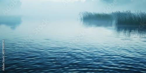 Tranquil Dawn Mist Over Serene Lake with Reeds