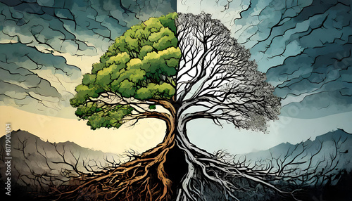 Ein Baum mit gespaltenem Stamm der zwei völlig unterschiedliche Baumkronen trägt photo