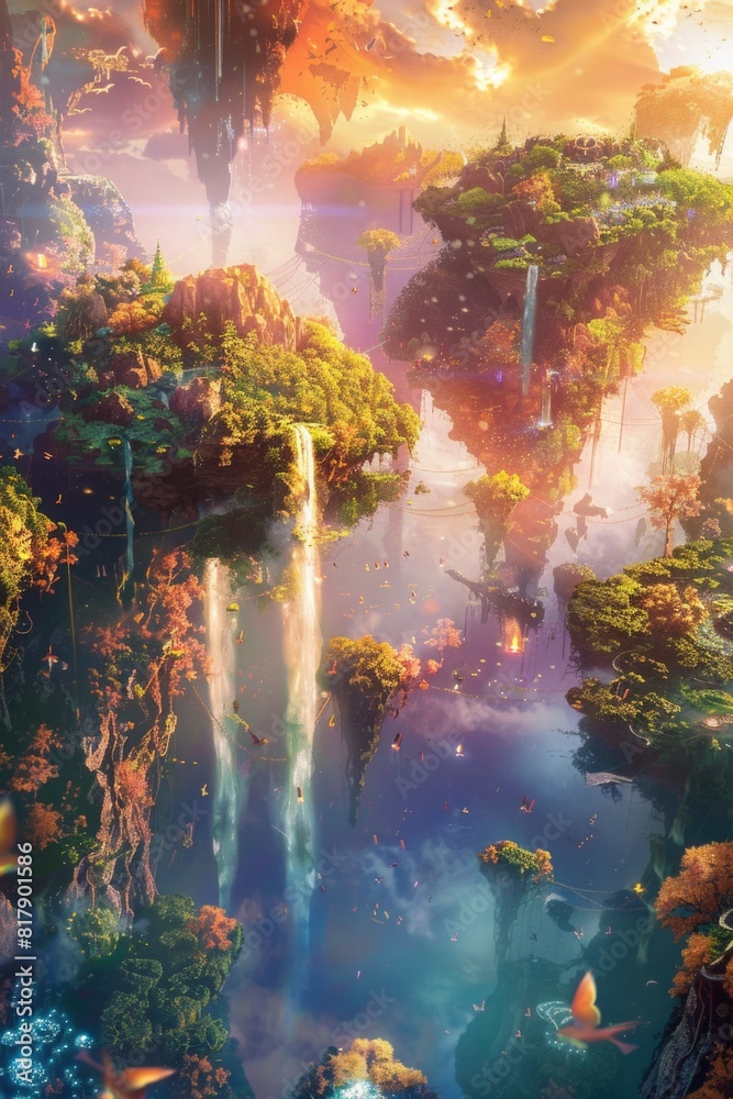Enchanted Waterfall Paradise Amidst Floating Islands at Sunset