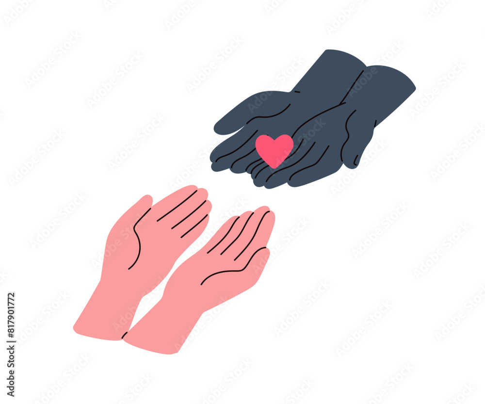 Fototapeta premium Hand reaching out to share love, give help and support. Empathy, care and compassion concept. Couple with red heart, symbol of gratitude. Flat vector illustration isolated on white background