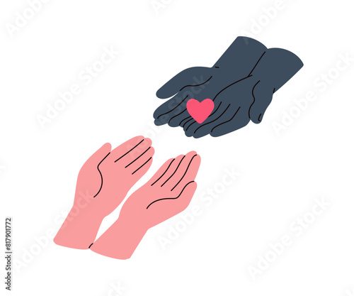 Hand reaching out to share love, give help and support. Empathy, care and compassion concept. Couple with red heart, symbol of gratitude. Flat vector illustration isolated on white background