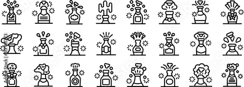 Champagne explosion vector icon. A collection of black and white icons of various bottles and vases. The icons are arranged in a grid  with each icon representing a different type of bottle or vase