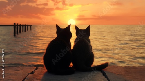 Amazing illustration of two cats on the seashore looking at the sunset. Background.