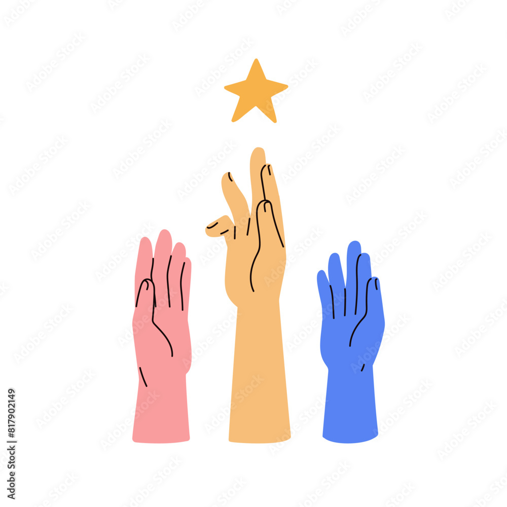 Hands group reaching for common goal. Aspiration to star symbol. Ambitious people striving for success, dream. Achieveing aim, target concept. Flat vector illustration isolated on white background Hands group reaching for common goal. Aspiration to star symbol. Ambitious people striving for success, dream. Achieveing aim, target concept. Flat vector illustration isolated on white background