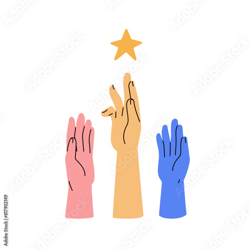 Hands group reaching for common goal. Aspiration to star symbol. Ambitious people striving for success, dream. Achieveing aim, target concept. Flat vector illustration isolated on white background