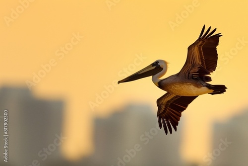 A pelican glides gracefully in the sky during sunset, with a blurred skyline in the background.