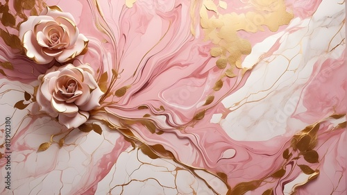 Abstract liquid pink marble texture with hints of gold and a luxurious rose backdrop photo
