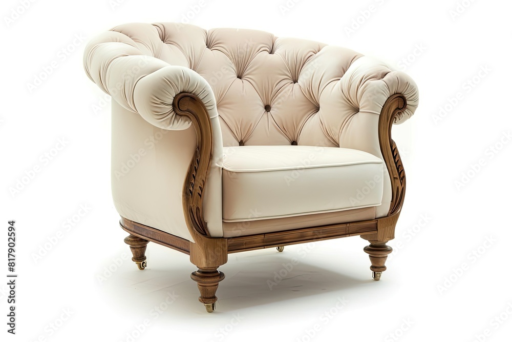 Luxury Cream And White Velvet Chair With Outer Light Brown Wooden Legs Isolated On White Background Luxury Cream And White Velvet Chair With Outer Light Brown Wooden Legs Isolated On White Background