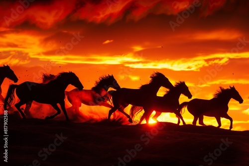 Silhouettes of wild horses galloping at sunset  creating a dramatic and dynamic scene against a fiery orange and red sky.