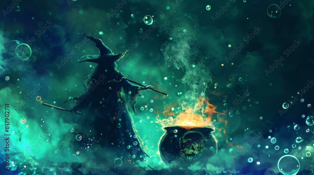 Witch brewing spooky potion in a smoky, bubbly cauldron. Witch brewing spooky potion in a smoky, bubbly cauldron.