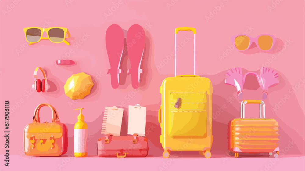 Suitcases flippers bottle of sunscreen and documents