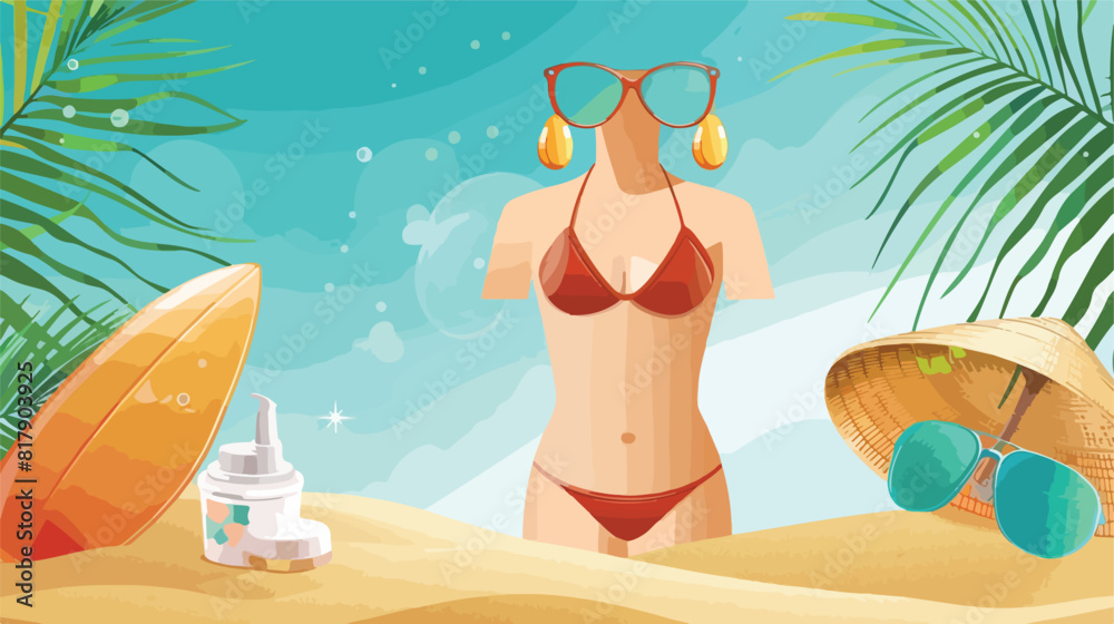 Sun protection cream with female swimsuit and earring