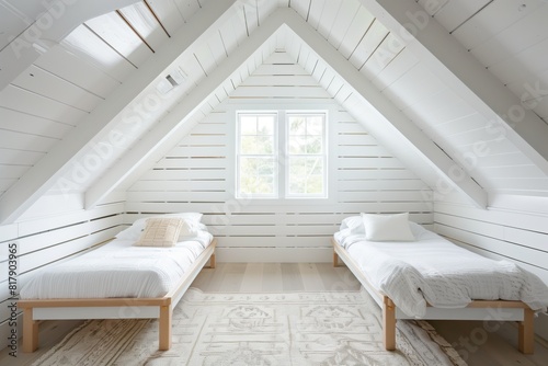 Minimalist attic bedroom with two single wooden beds and a large window with natural light. The room features a clean  white design with wooden accents and a patterned rug.