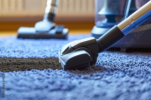 Close-up of a vacuum cleaner head removing dirt from a blue carpet, showcasing powerful cleaning performance and efficiency.