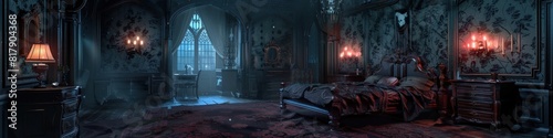 Gothic Haunted Mansion Bedroom A Spooky and Aged Digital Painting of Ghostly Apparitions and Antique Furniture
