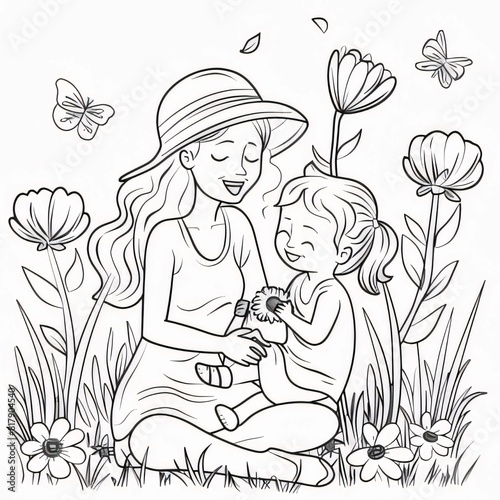 Mother and daughter in the garden with flowers. Coloring book for children