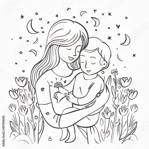 Mother and daughter hugging in the garden. Vector illustration. Coloring book.
