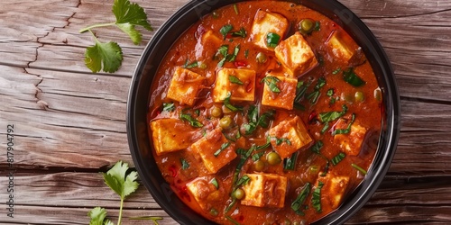 Paneer Tikka Indian national dish on wooden background, space for text top view. Generative AI