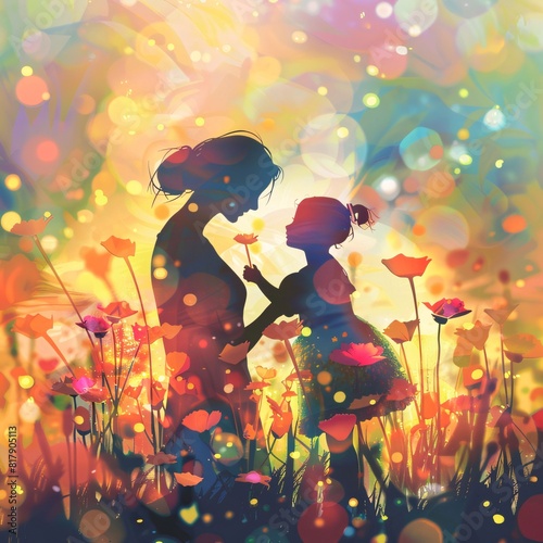 Silhouette of a mother and her daughter on a meadow