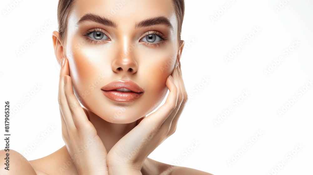 Fototapeta premium Stunning Woman with Perfect Skin Touching Face