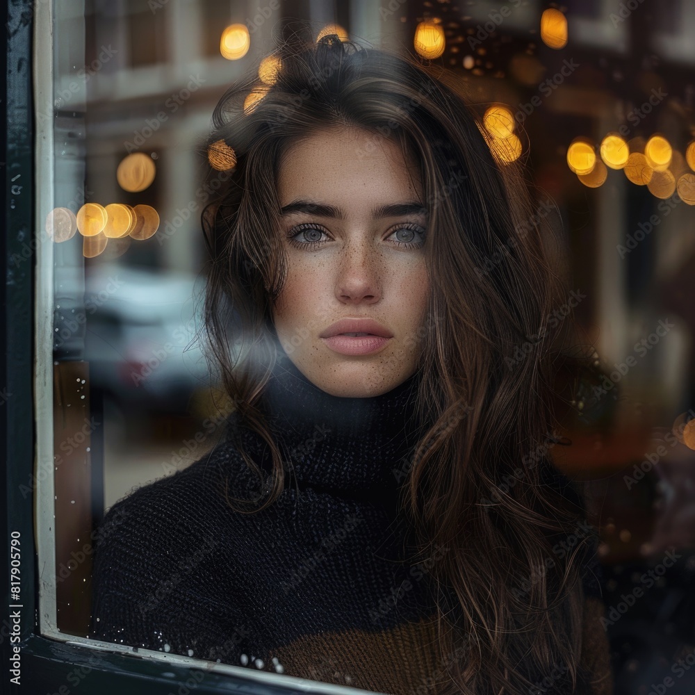 cute girl looking out the cafe window wearing black sweater, ai cute girl looking out the cafe window wearing black sweater, ai