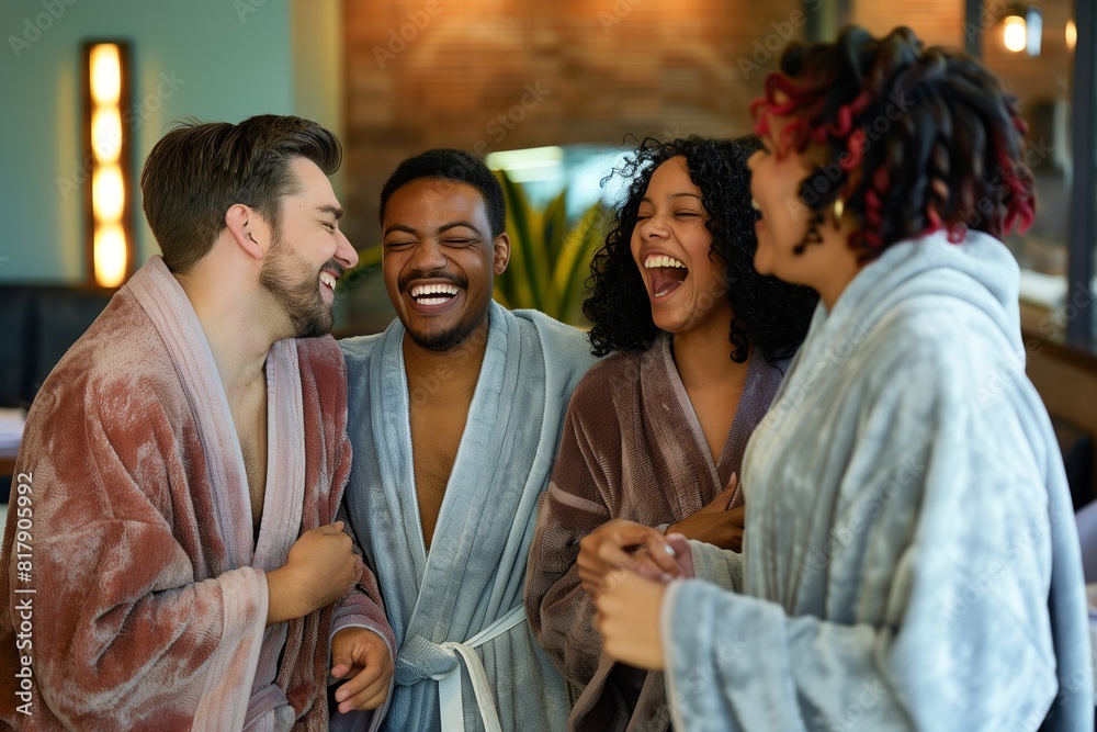 A joyful group of friends laughing and bonding while wearing plush bathrobes, creating a relaxed and happy atmosphere.