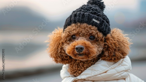a brown poodle dressed in a snug yellow down jacket and a stylish black hat, showcasing the artistry of high-definition pet photography.