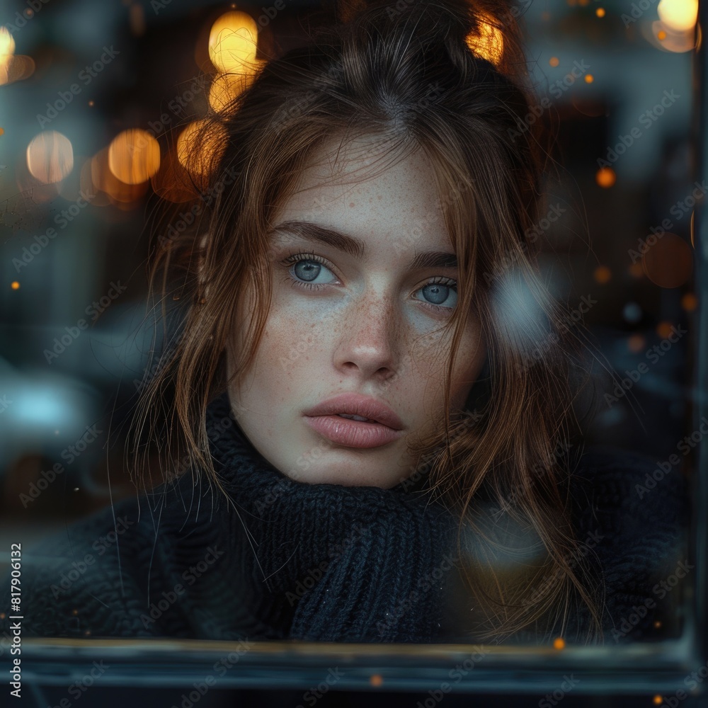 cute girl looking out the cafe window wearing black sweater, ai