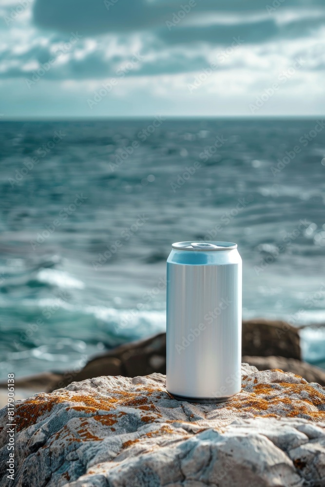 Blank Aluminum Can on Rocky Shore Overlooking Ocean Blank Aluminum Can on Rocky Shore Overlooking Ocean