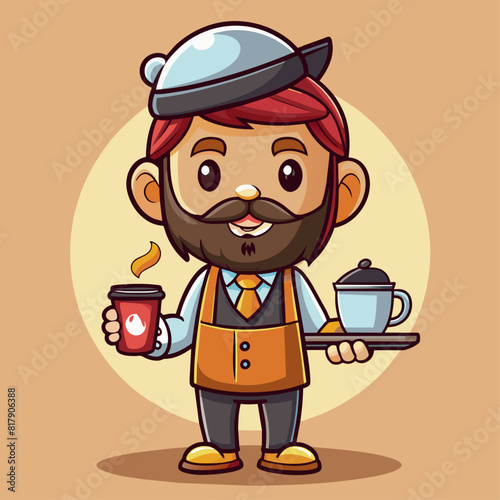 A cartoon-style illustration of a character serving coffee and tea